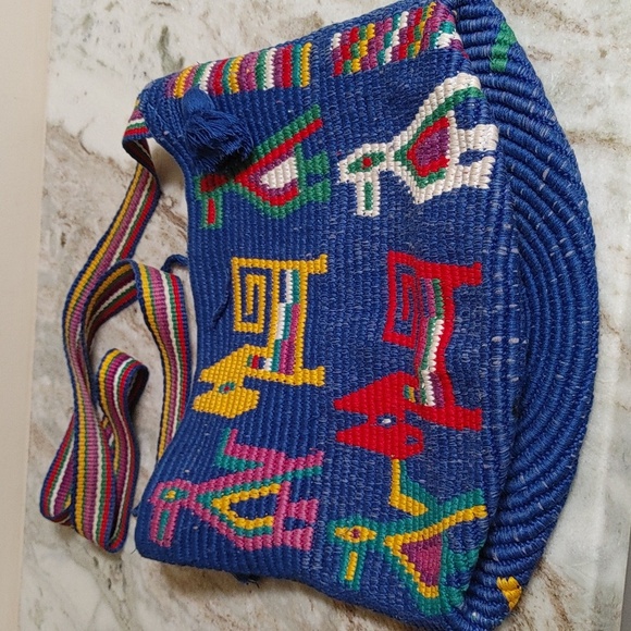 Vintage Handbags - Colorful Crocheted Bucket Bag from Central or South America in Blue